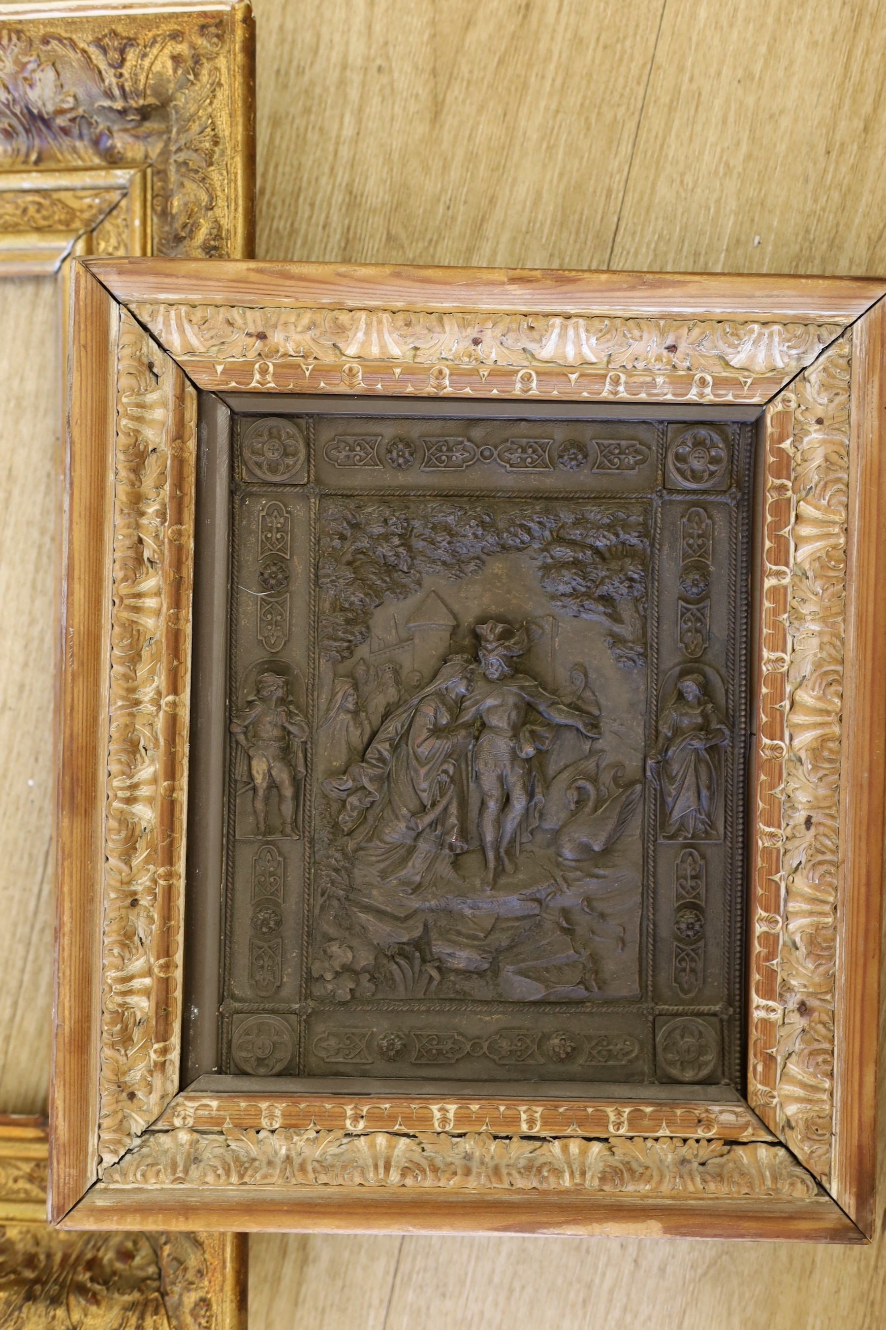 A 19th century giltwood and gesso picture frame, aperture 35 x 27cm, an embossed metal plaque and five assorted engravings